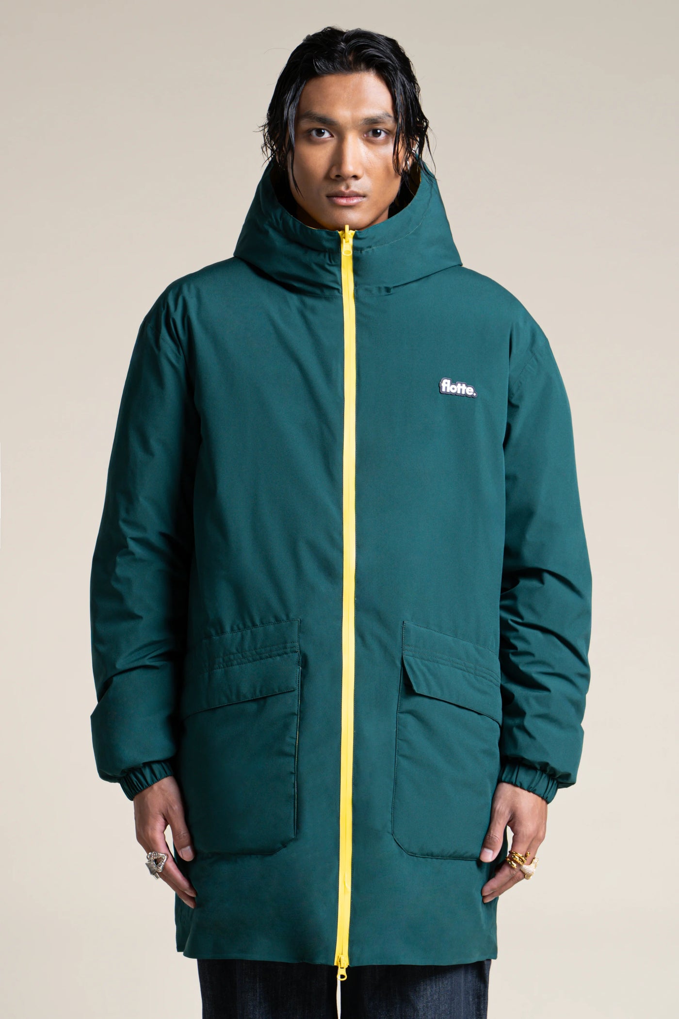 Varenne - Doudoune Longue Reversible - Flotte #couleur_sapin-citron